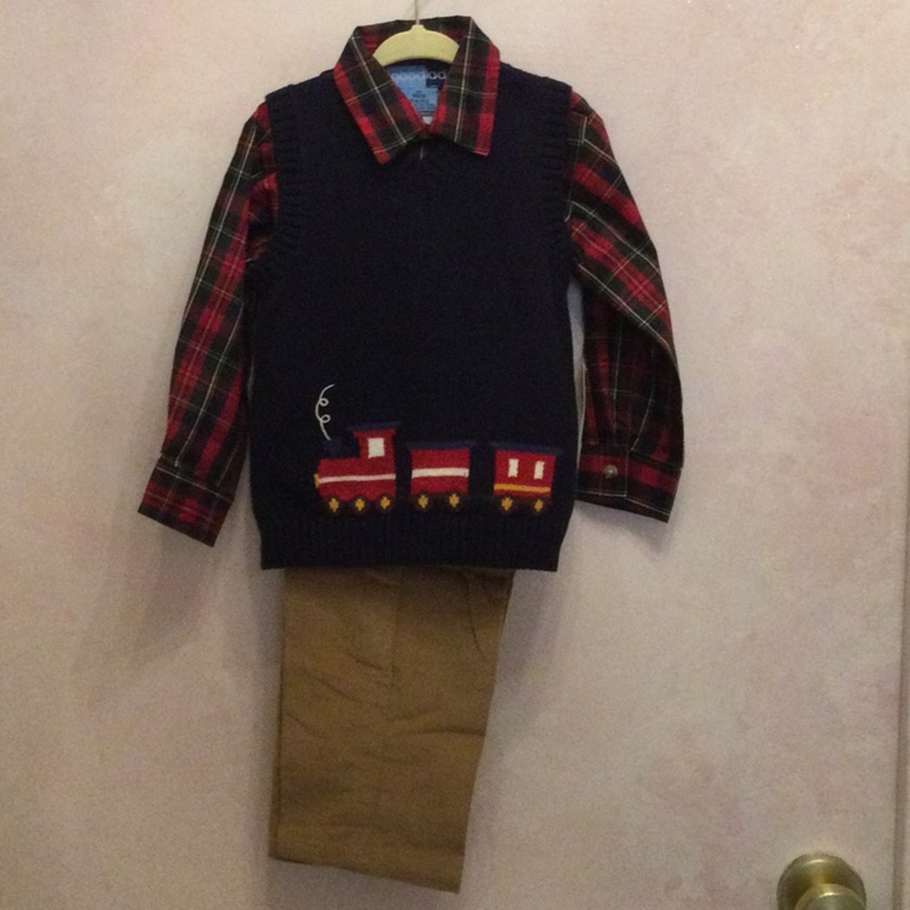 Navy Train Sweater Vest with Red Plaid Shirt